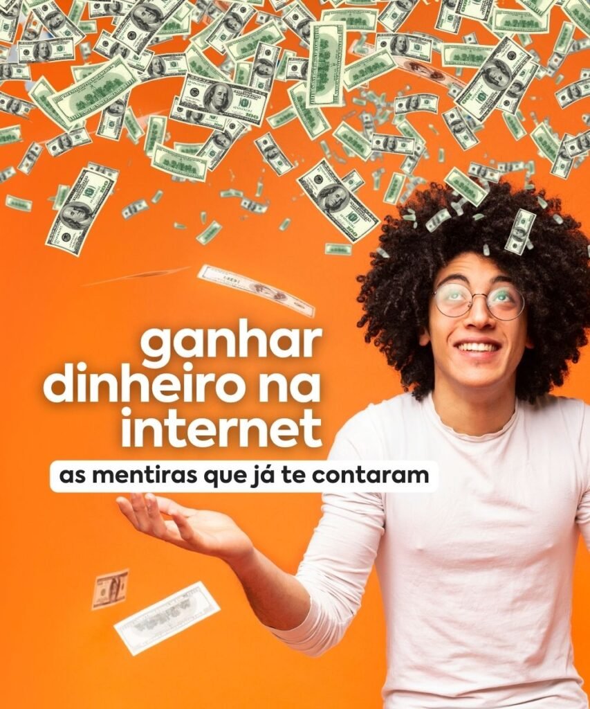 rapaz jovem com expressão de surpresa, num fundo laranja, olhando para cima enquanto chove dinheiro. frase na imagem: ganhar dinheiro na internet - as mentiras que já te contaram.