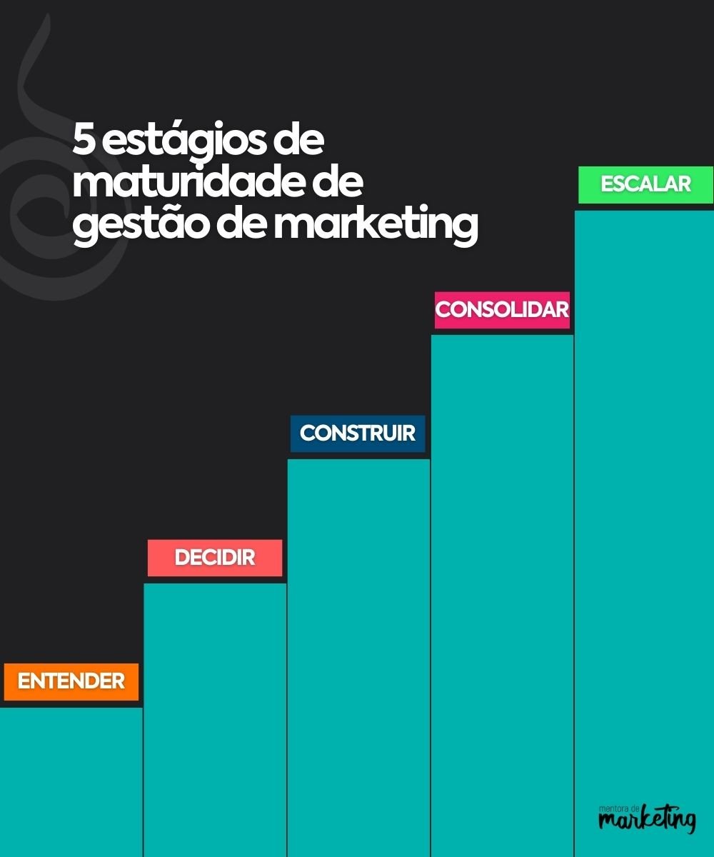 5 estágios de maturidade de gestão de marketing digital. Entender, decidir, construir, consolidar, escalar. Rafaela Sanzi.