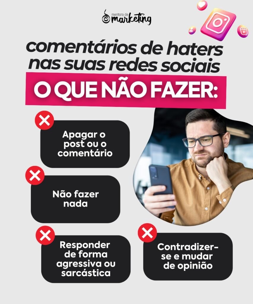 Fotografia de uma pessoa olhando incomodada para o celular. Na imagem, o texto: comentários de haters nas suas redes sociais - o que não fazer: apagar o post ou o comentário, não fazer nada, responder de forma agressiva ou sarcástica, contradizer-se e mudar de opinião. Mentora de Marketing, agência de marketing de Porto Alegre.