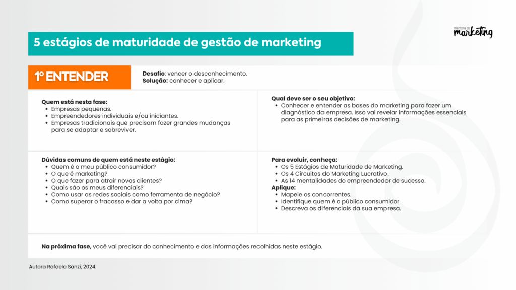 imagem infográfico do primeiro estágio de maturidade de gestão de marketing: entender. Mentora de Marketing. Autora Rafaela Sanzi